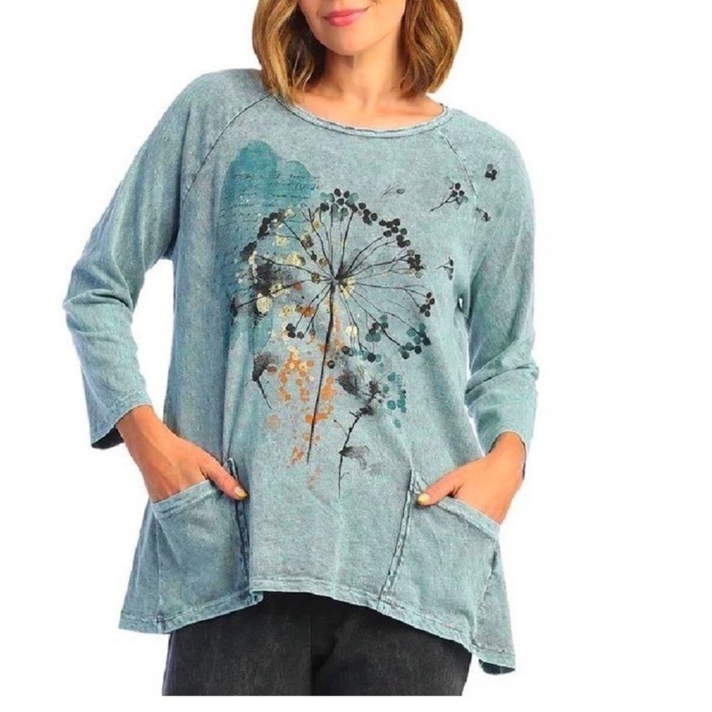 NEW Jess & Jane Tunic Top Fits M/L Green Dandelion Pockets 100% Cotton NWT